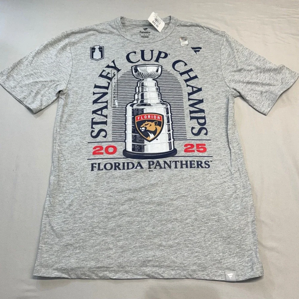Fanatics Florida Panthers Stanley Cup Champs 2025 T‎ Shirt Gray NHL Hockey S